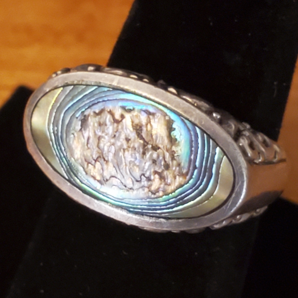 Retro 925 Silver Express International Abalone Ring Sz. 8.5